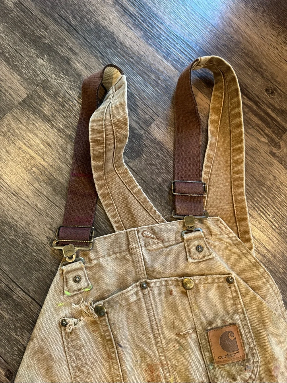 Vintage Carhartt Double Knee Thrashed Bib Overalls Mens 44x30 Tan Distressed
